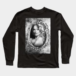 Black and white portrait girl digital artwork Long Sleeve T-Shirt